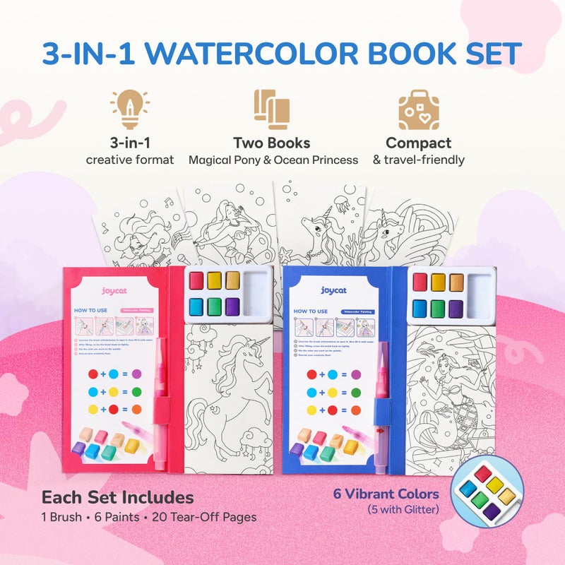 JoyCat 2 Pack Pocket Paint with Water Coloring Books for Kids, Art & Craft Activity Toy Set, Creative Travel & Home Painting Kit, Easter Gifts for Girls & Boys Ages 3-8 (Magical Pony & Ocean Princess) - Image 2