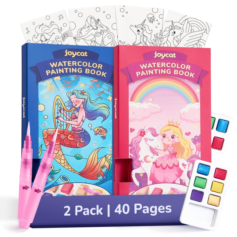 JoyCat 2 Pack Pocket Paint with Water Coloring Books for Kids, Art & Craft Activity Toy Set, Creative Travel & Home Painting Kit, Easter Gifts for Girls & Boys Ages 3-8 (Magical Pony & Ocean Princess) - Image 1