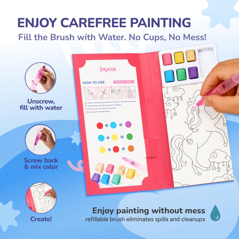 JoyCat 2 Pack Pocket Paint with Water Coloring Books for Kids, Art & Craft Activity Toy Set, Creative Travel & Home Painting Kit, Easter Gifts for Girls & Boys Ages 3-8 (Magical Pony & Ocean Princess) - Image 4