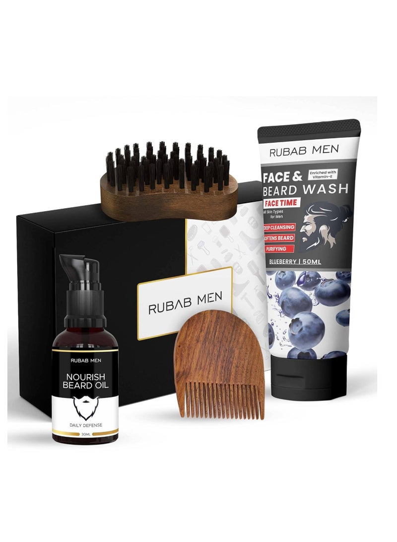 RUBAB MEN 4-in-1 Beard Kit for Men| Advance Beard Oil, Face & Beard Wash, Beard Brush & Wooden Beard Comb for Men| Daily Care of Beard or Amazing Gift Kit for Men - Image 1
