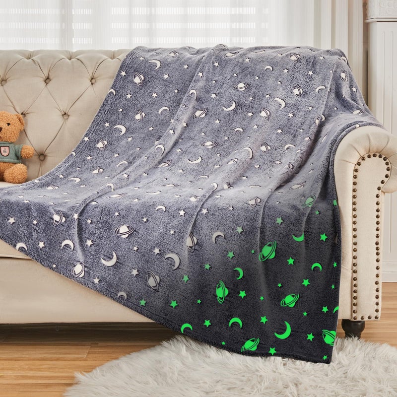 SOCHOW Glow in The Dark Throw Blanket 60 x 80 Inches Galaxy Stars Pattern Soft Cozy Flannel Fleece Blanket for Sons Daughters All Seasons Grey Presents Blanket for Preteens Teens