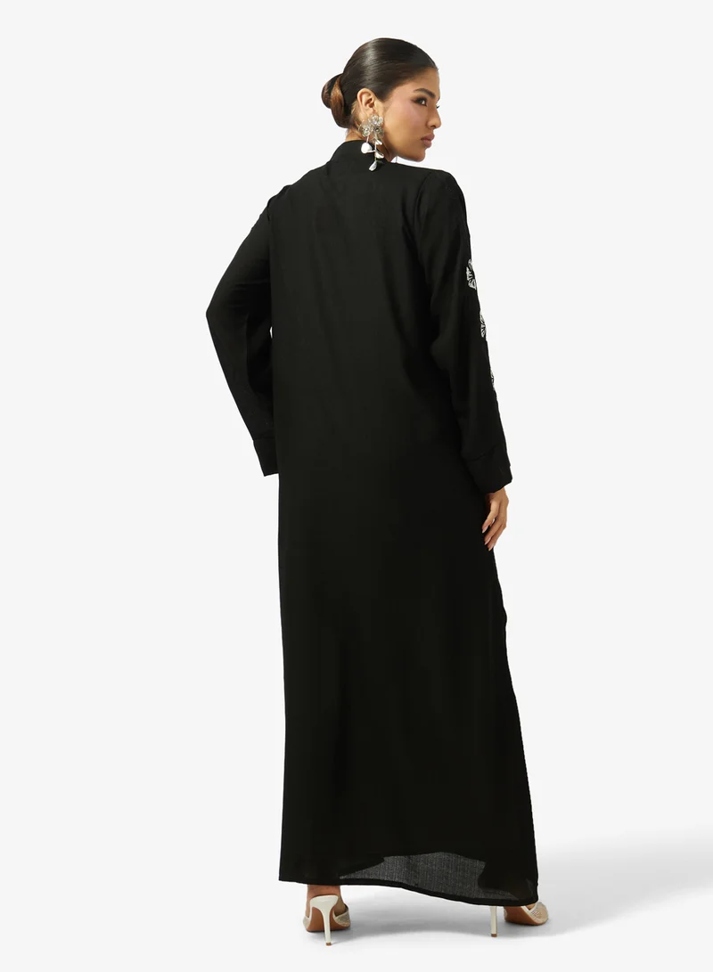hayas closet Floral Embroidered And Embellished Open Front Round Neck Abaya