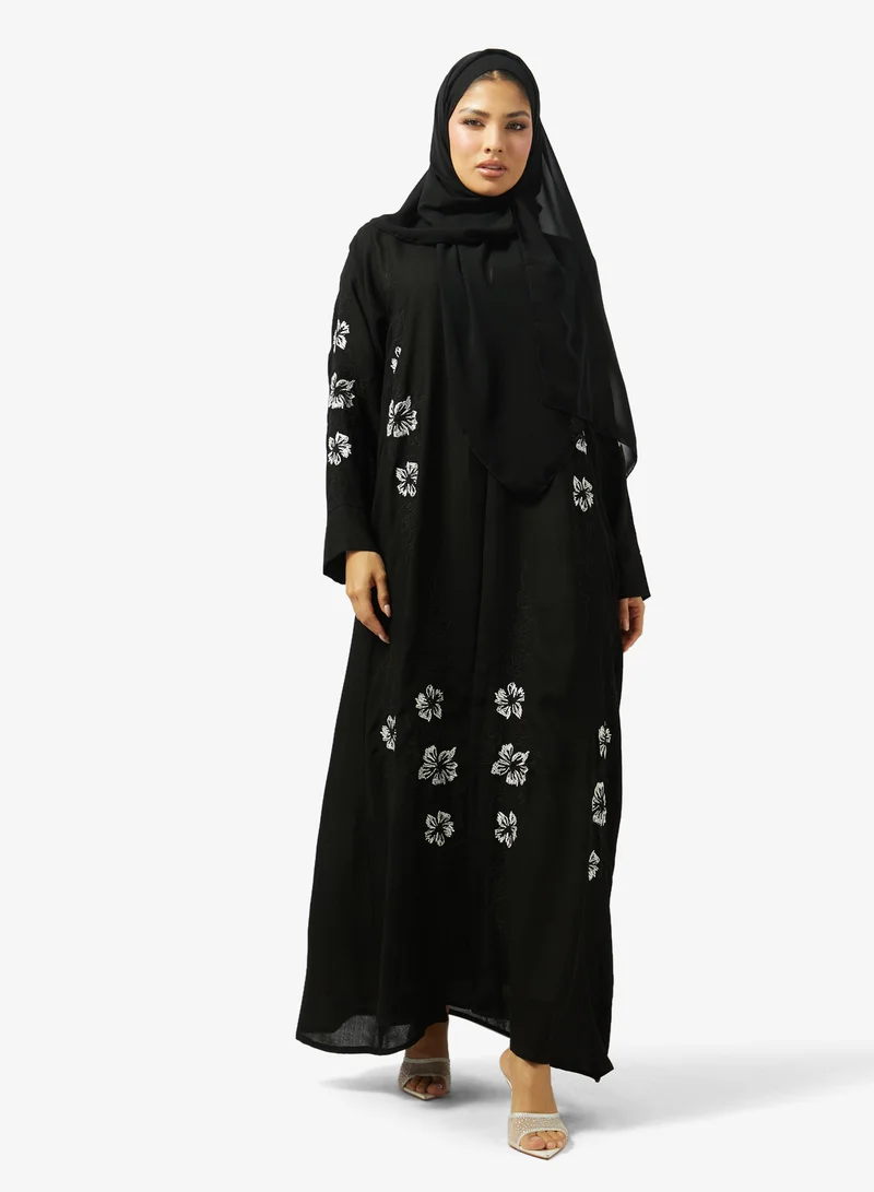 Floral Embroidered And Embellished Open Front Round Neck Abaya