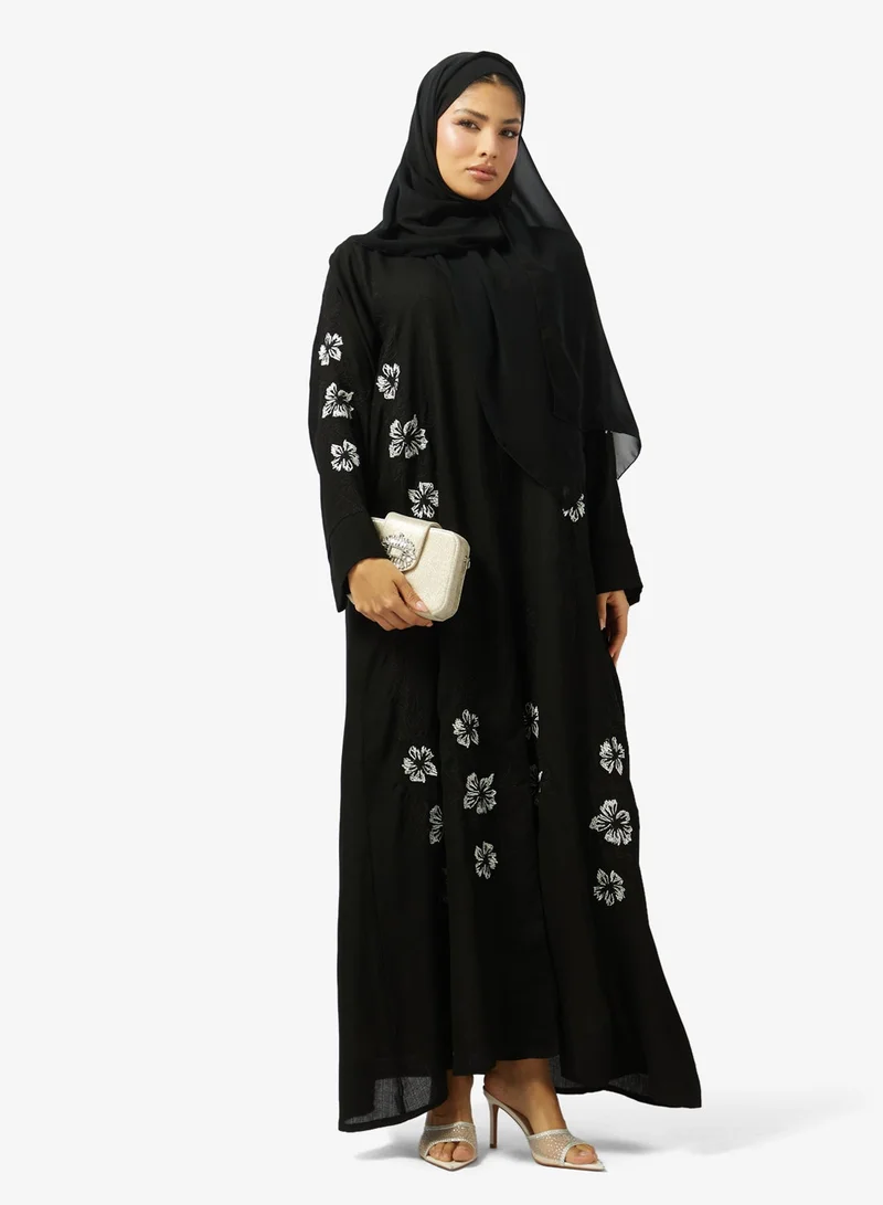 hayas closet  Floral Embroidered And Embellished Open Front Round Neck Abaya for Women | Best Price UAE