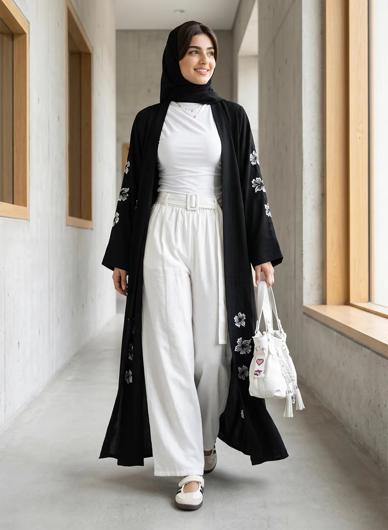 Hayas Closet  Floral Embroidered And Embellished Open Front Round Neck Abaya for Women | Best Price UAE