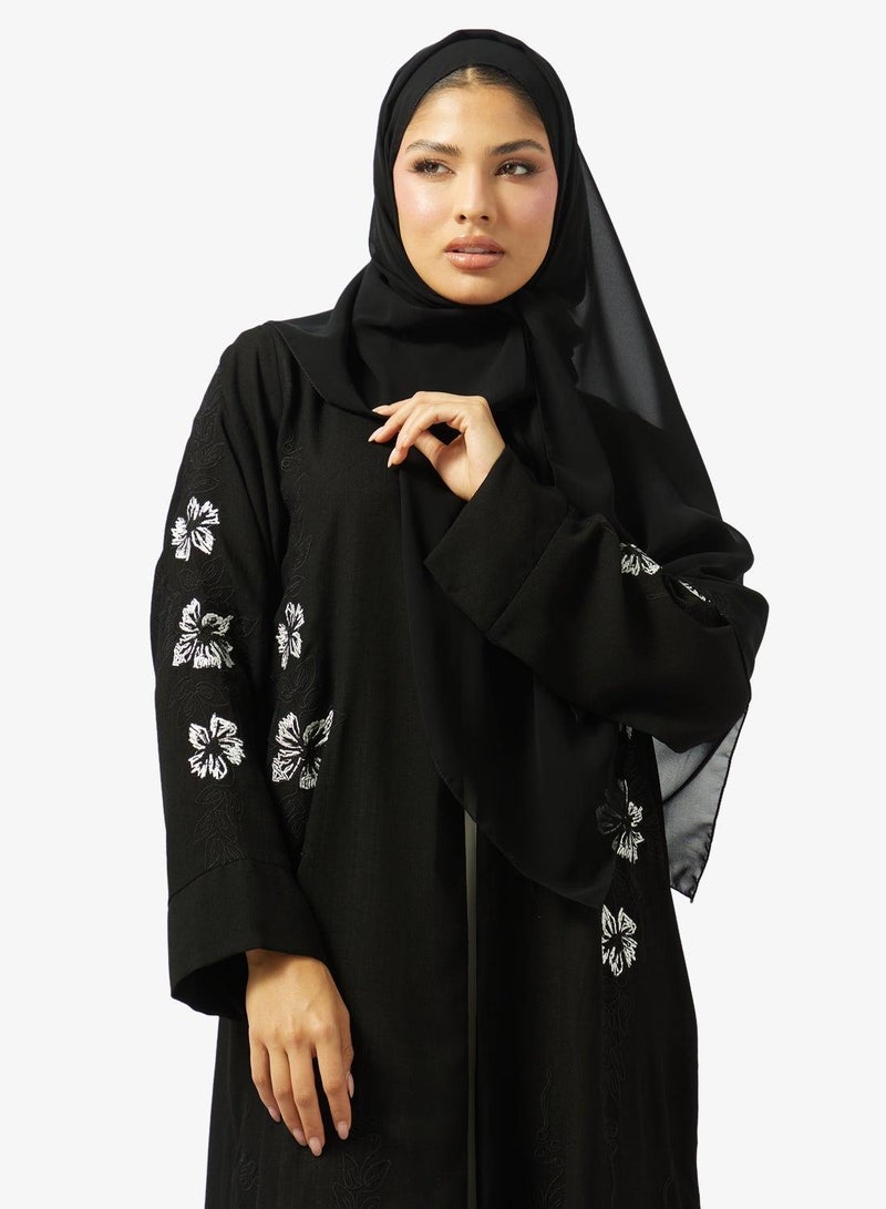 hayas closet Floral Embroidered And Embellished Open Front Round Neck Abaya - Image 5