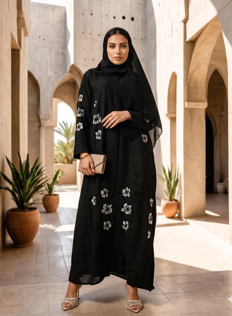 hayas closet Floral Embroidered And Embellished Open Front Round Neck Abaya - Image 1
