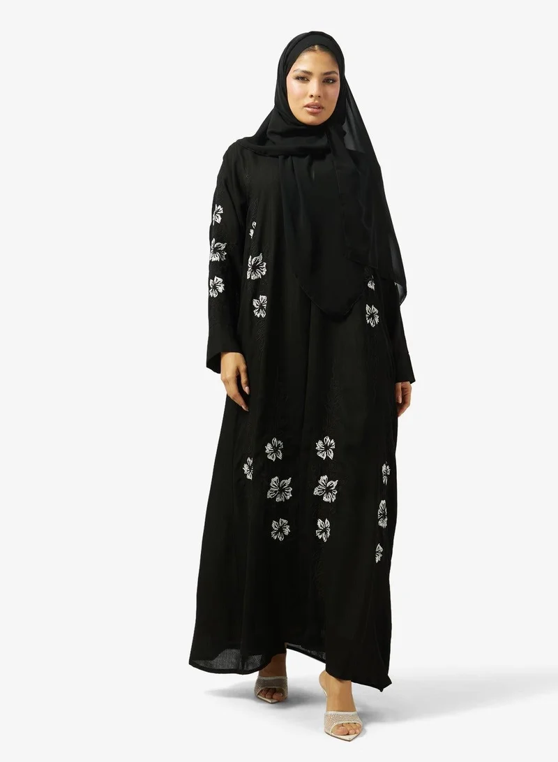 Hayas Closet  Floral Embroidered And Embellished Open Front Round Neck Abaya for Women | Best Price UAE