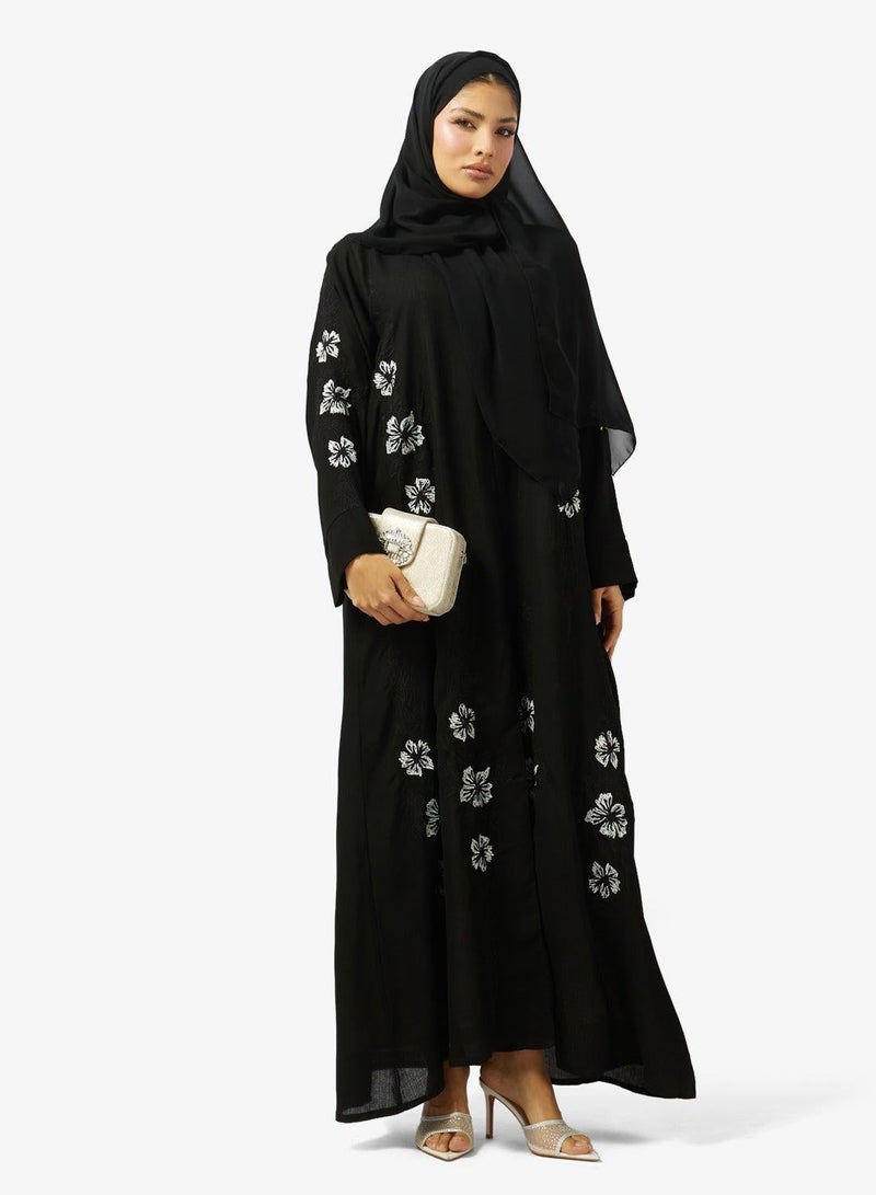 hayas closet Floral Embroidered And Embellished Open Front Round Neck Abaya - Image 2