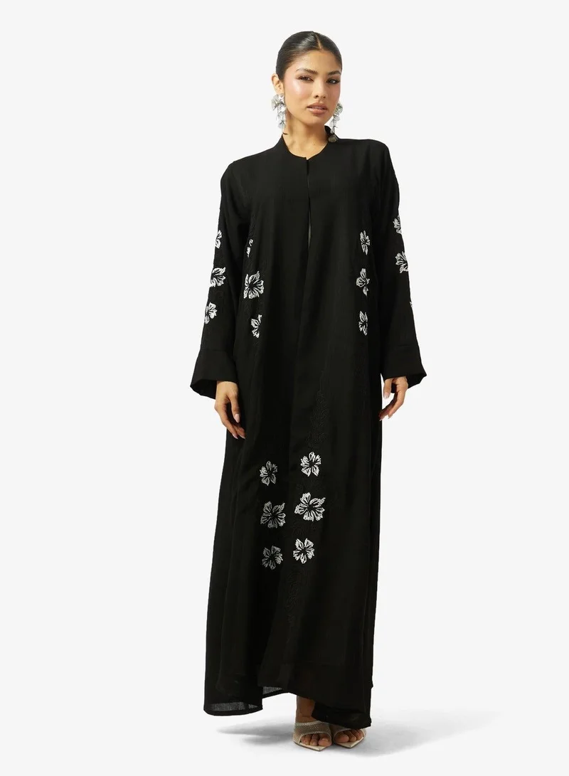 Hayas Closet  Floral Embroidered And Embellished Open Front Round Neck Abaya for Women | Best Price UAE