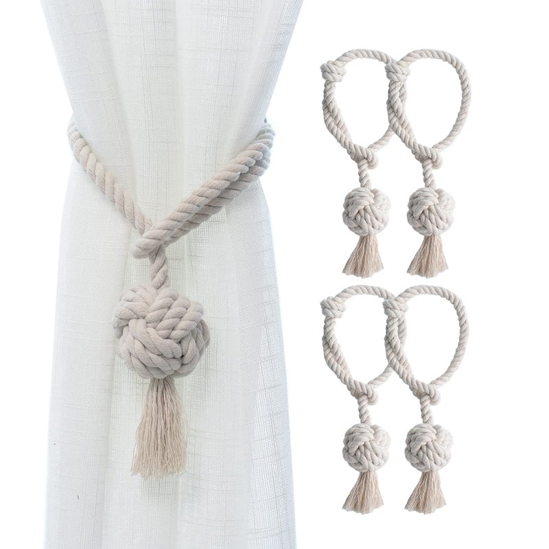 JQWUPUP 4 Pack Rustic Curtain Tiebacks - Decorative Outdoor Curtain Drapery Holdbacks Holders - Hand Knitting Cotton Rope Drape Tie Backs for Sheer and Blackout Curtain (Set of 4, Beige)