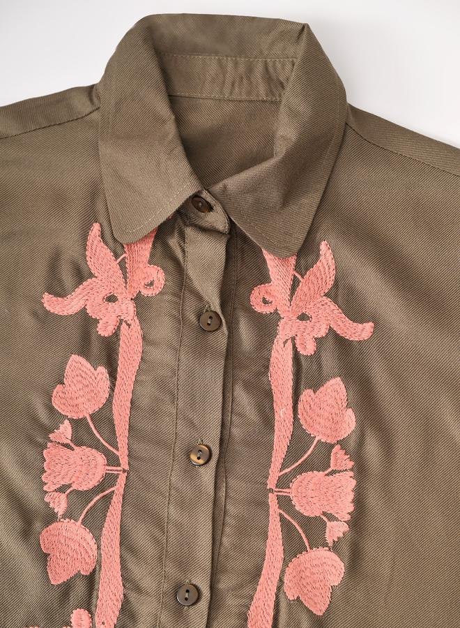 BELLA MODA Girls Green Embroidered Short Sleeves Shirt And Trousers Set - Image 3