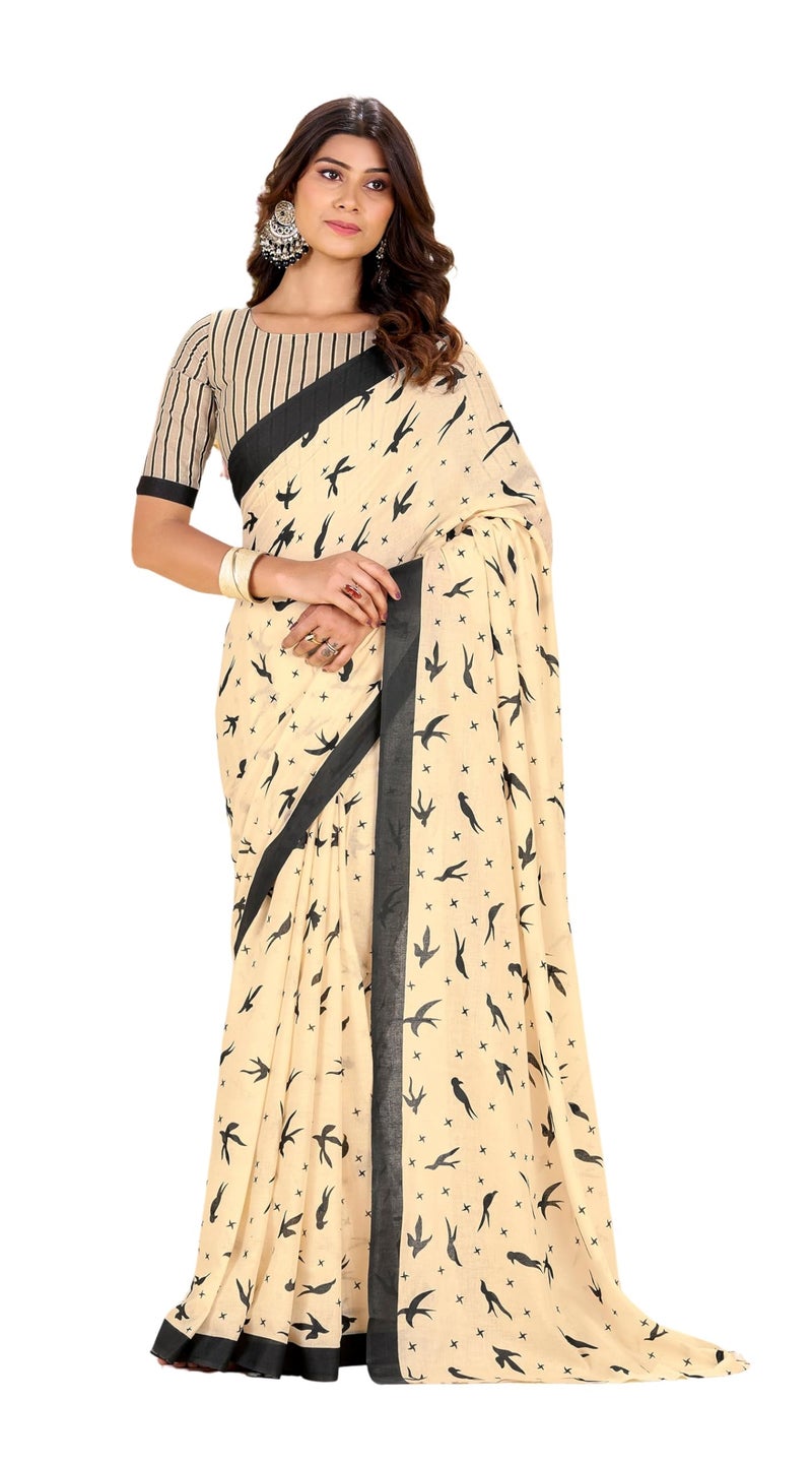 Kalaanj Saree for Women || Printed Cotton Saree with Blouse (KALSS25SAR-2101-Off White-Free Size) - Image 1