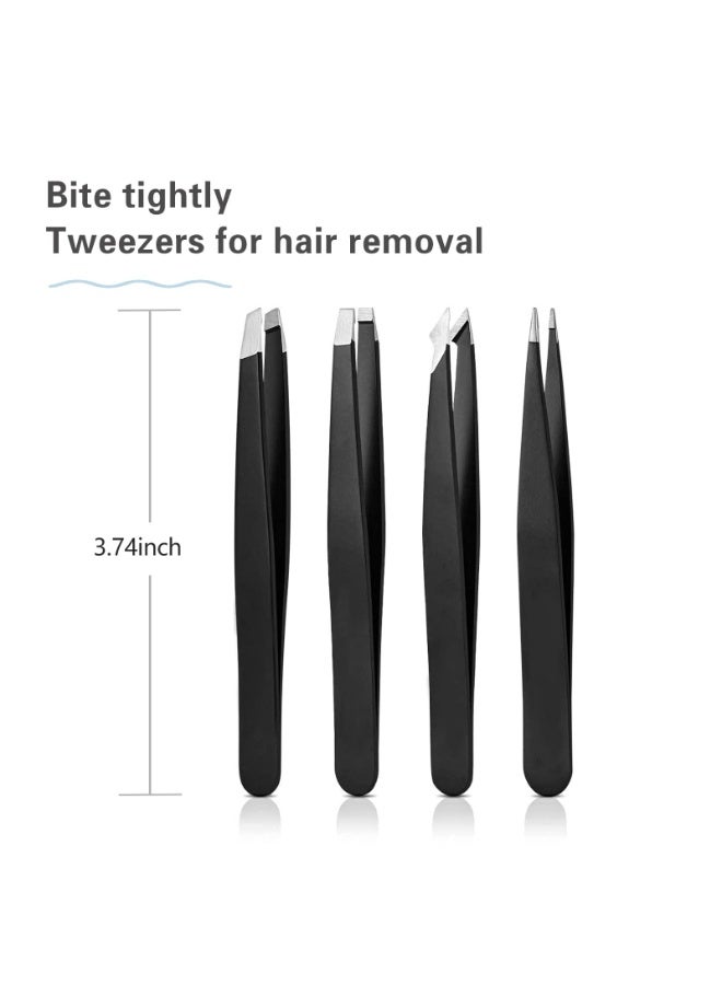 4-Piece Set Tweezers Set, High Precision Stainless Steel Eyebrow Tweezers for Facial Hair, Inward Growing Hair and Splinter Remover Kit, Suitable for Women and Men (Black) - Image 2