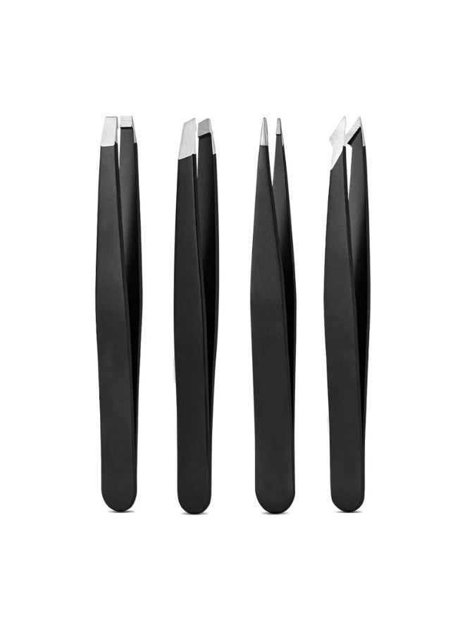 4-Piece Set Tweezers Set, High Precision Stainless Steel Eyebrow Tweezers for Facial Hair, Inward Growing Hair and Splinter Remover Kit, Suitable for Women and Men (Black) - Image 1