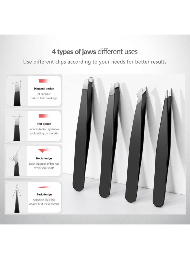 4-Piece Set Tweezers Set, High Precision Stainless Steel Eyebrow Tweezers for Facial Hair, Inward Growing Hair and Splinter Remover Kit, Suitable for Women and Men (Black) - Image 3