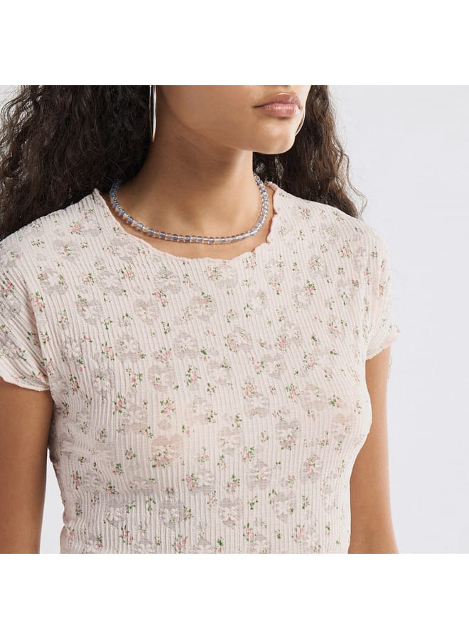 Splash FAV All-Over Floral Detail Crew Neck T-shirt with Short Sleeves  - Image 4
