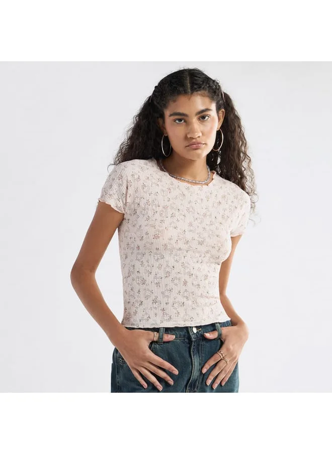 FAV All-Over Floral Detail Crew Neck T-shirt with Short Sleeves