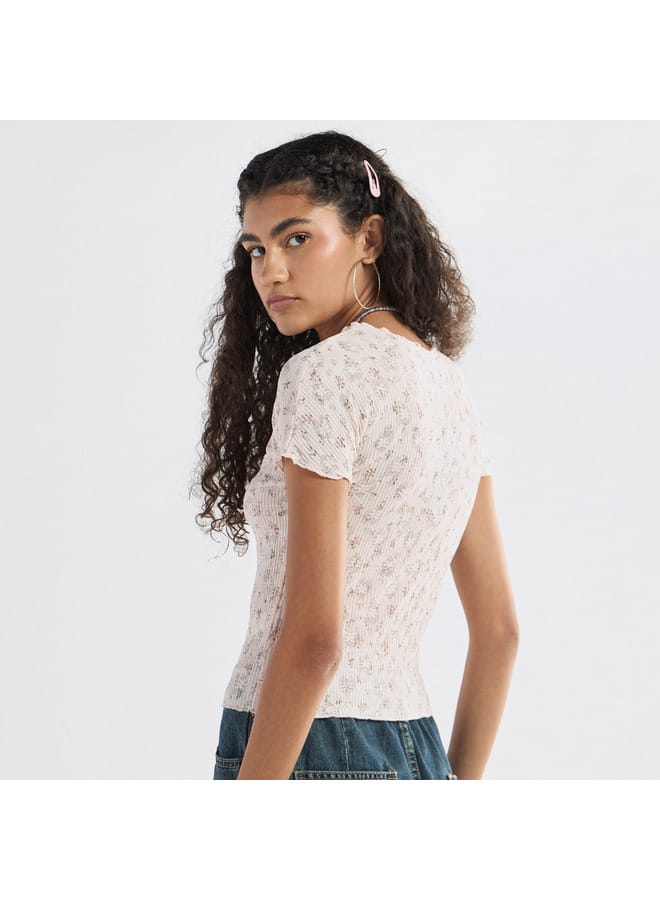 Splash FAV All-Over Floral Detail Crew Neck T-shirt with Short Sleeves  - Image 3