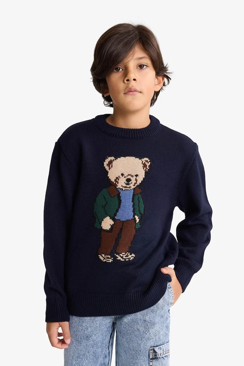ديفاكتو Boy Crew Neck Teddy Bear Printed Knit Pullover