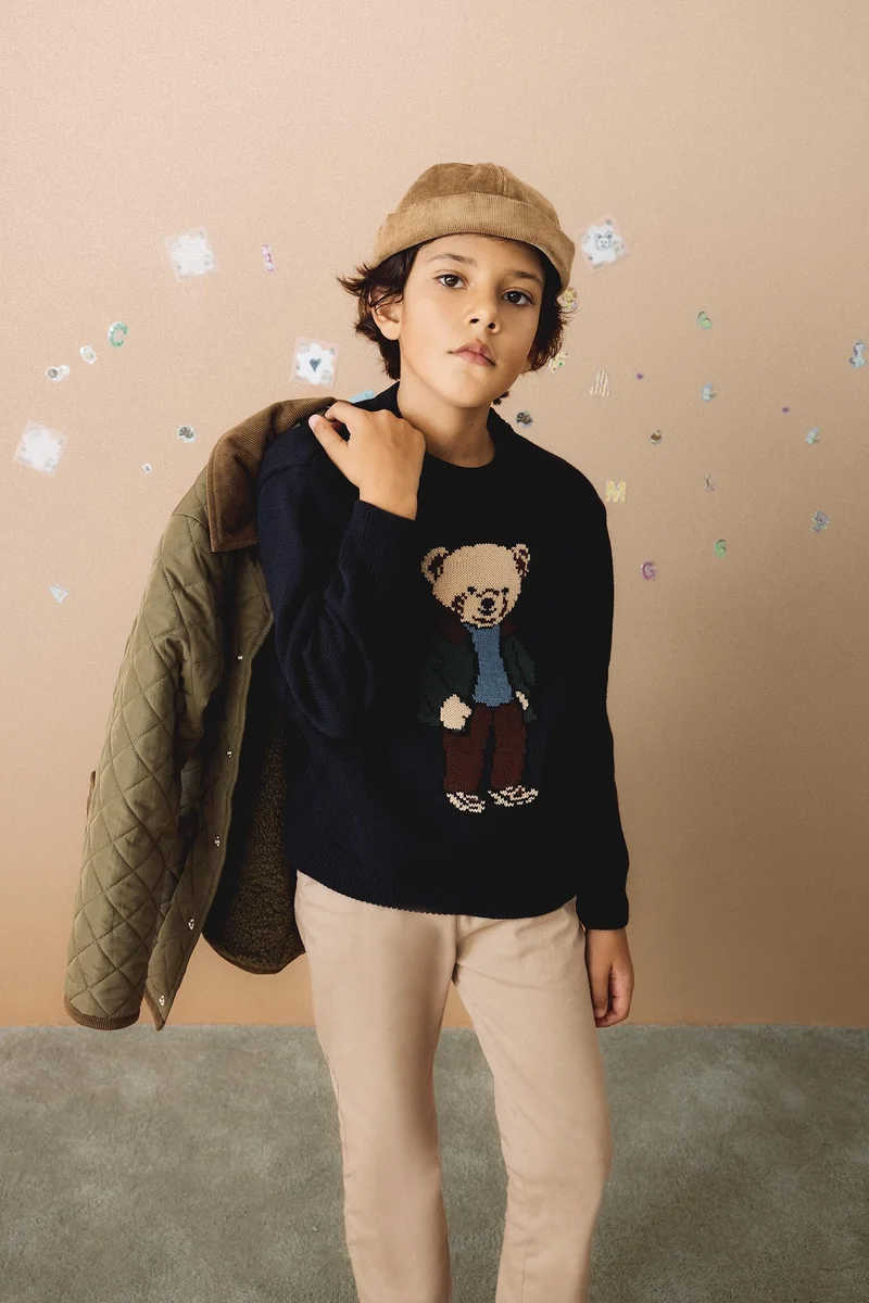 ديفاكتو Boy Crew Neck Teddy Bear Printed Knit Pullover