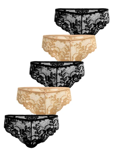 Fempire Womens Breathable Stretch Lace Bikini Panties  Pack of 5 (3 Black and 2 Coffee)