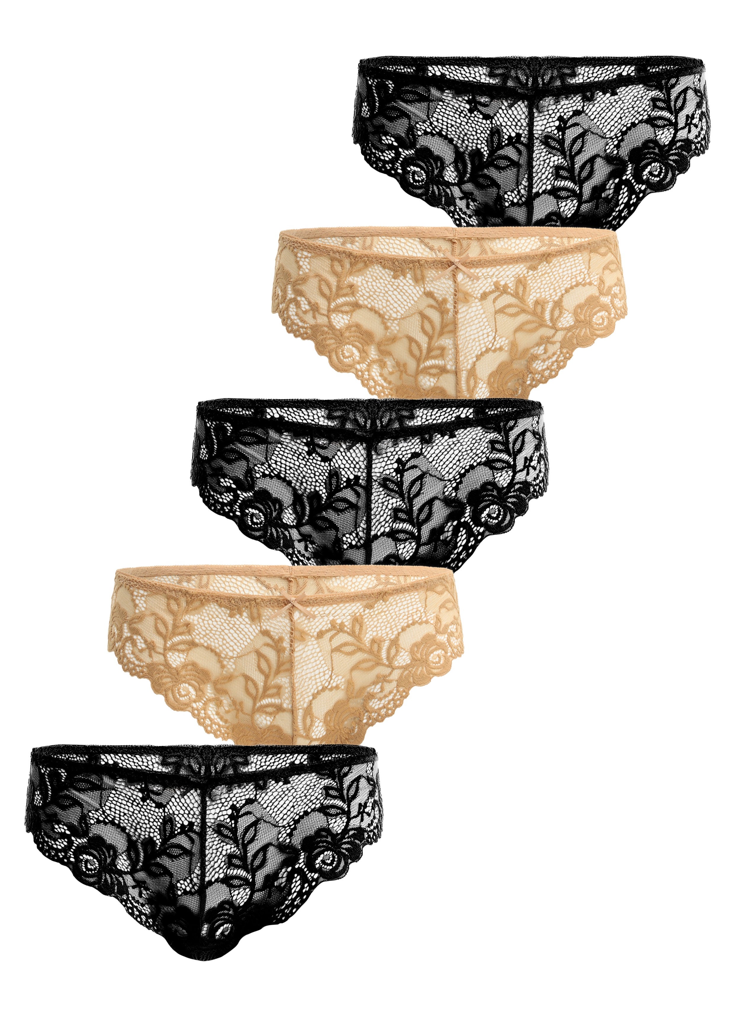 Womens Breathable Stretch Lace Bikini Panties  Pack of 5 (3 Black and 2 Coffee) 