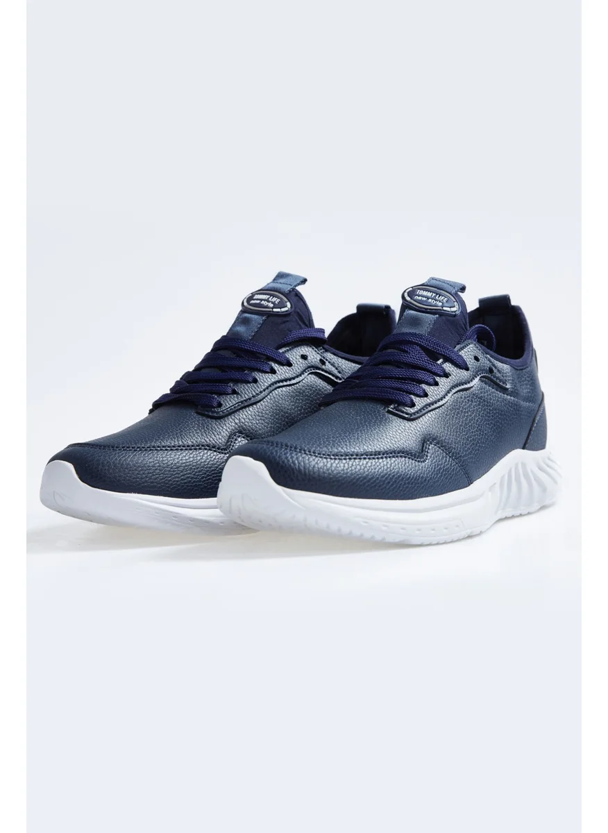 Tommy Life Navy Blue High Sole Lace-Up Faux Leather Men's Sneakers - 89115