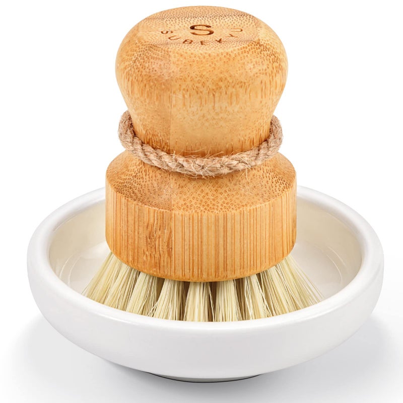 SUBEKYU Bamboo Dish Scrub Brush for Kitchen Sink Natural Wooden Washing Dish Brush Scrubber with Sisal Bristles for Household Cleaning Cast Iron Pots Pans and Vegetables - Image 1