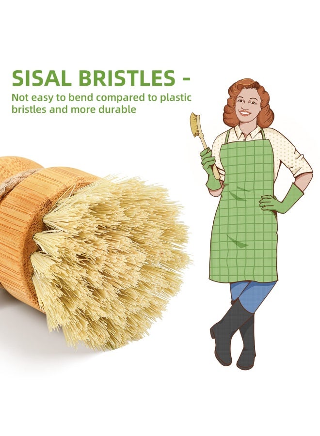 SUBEKYU Bamboo Dish Scrub Brush for Kitchen Sink Natural Wooden Washing Dish Brush Scrubber with Sisal Bristles for Household Cleaning Cast Iron Pots Pans and Vegetables - Image 2