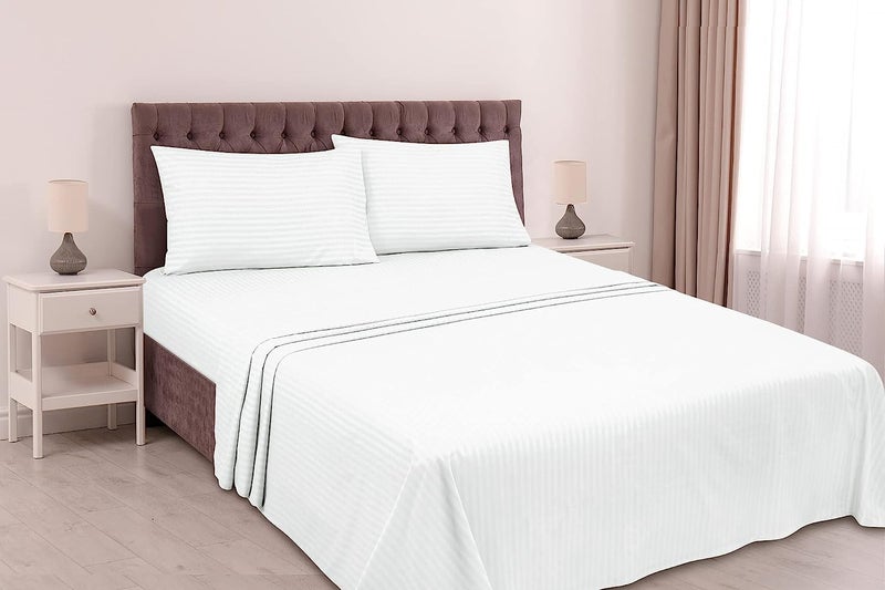LINENWALAS 300 TC 100% Cotton Satin Stripes King Bed Sheet - Premium Hotel Bedsheet + 2 Pillow Covers Set for Hotels, Guest House & B&B (White,108x108 inch) - Image 1