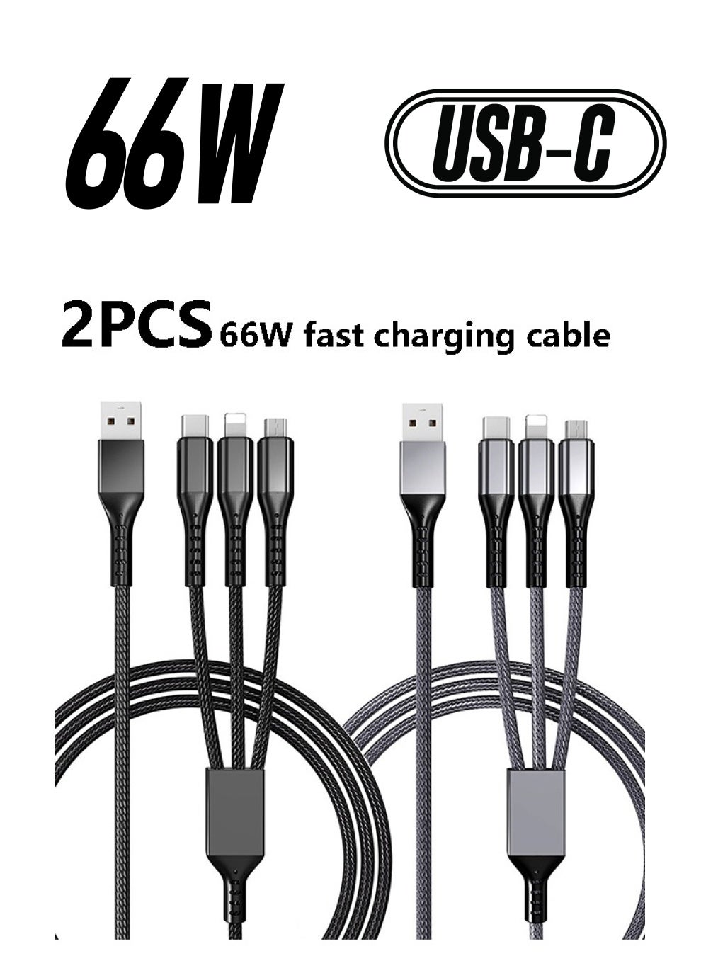 66W Fast Charging Cable, (2 Pack 1.2M) 3 in 1 Charging Cable Nylon Braided Multi Charger Cable for Multiple Devices USB Charging Cord with Type-C, Micro USB, IP Port for Samsung/Huawei/iPhones14/13/12/11 Series/Tablets And More(Grey&Black)