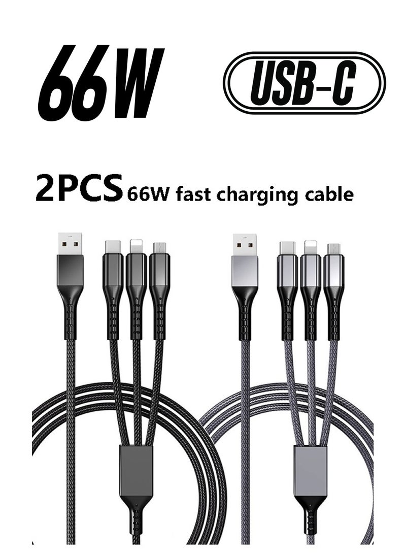 كابل شحن سريع 66 وات (عبوة من قطعتين بطول 1.2 متر) كابل شحن 3 في 1، كابل شحن متعدد مضفر من النايلون لأجهزة متعددة، سلك شحن USB مع منفذ Type-C وMicro USB ومنفذ IP لأجهزة Samsung/Huawei/iPhones14/13/12/11 Series/الأجهزة اللوحية والمزيد (رمادي وأسود) - Image 1