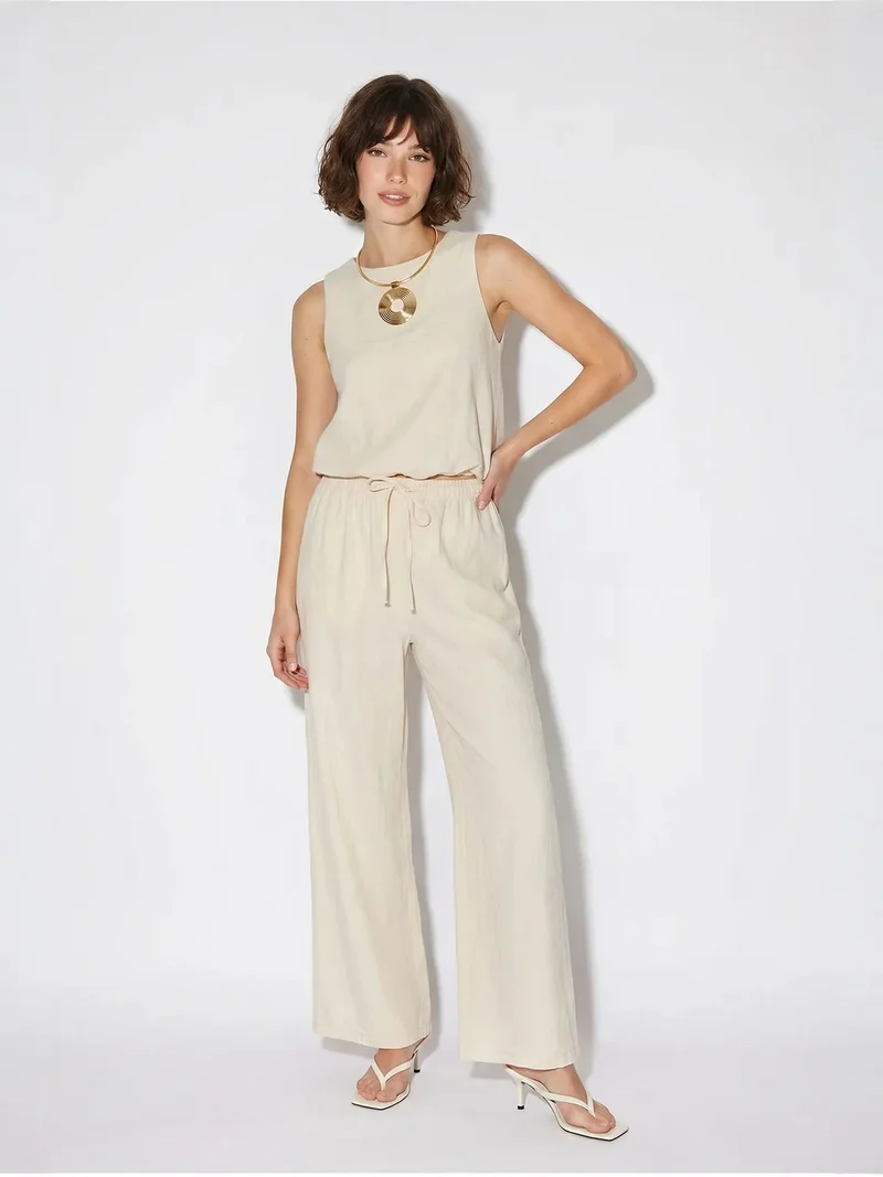 Bianco Lucci Beige Natural LUCCI Cotton Wide-Leg Sleeveless Jumpsuit for Women | Best Price UAE