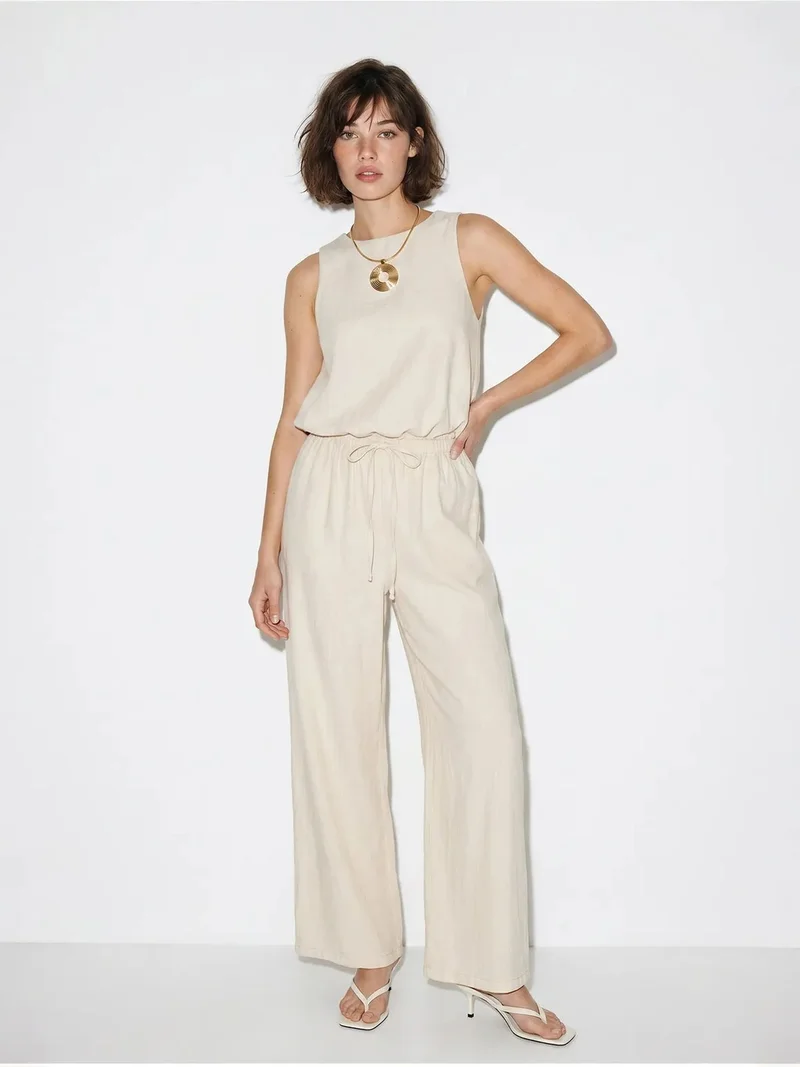 Bianco Lucci LUCCI Cotton Wide-Leg Sleeveless Jumpsuit