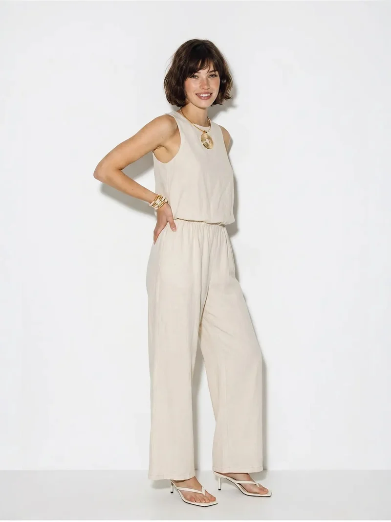 Bianco Lucci LUCCI Cotton Wide-Leg Sleeveless Jumpsuit