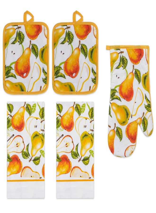 PREMIUS 5 Piece Pears Printed Kitchen Linen Set, 2 Cotton Towels, 2 Potholders, 1 Oven Mitt with Hanging Loop, 100% Cotton Material on Front & Polyester Backing, Perfect Kitchen Accessory, Gift - Image 1