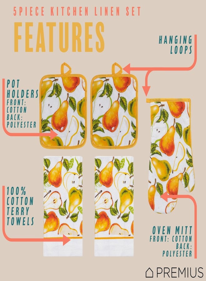 PREMIUS 5 Piece Pears Printed Kitchen Linen Set, 2 Cotton Towels, 2 Potholders, 1 Oven Mitt with Hanging Loop, 100% Cotton Material on Front & Polyester Backing, Perfect Kitchen Accessory, Gift - Image 2