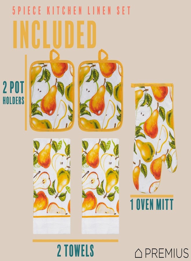 PREMIUS 5 Piece Pears Printed Kitchen Linen Set, 2 Cotton Towels, 2 Potholders, 1 Oven Mitt with Hanging Loop, 100% Cotton Material on Front & Polyester Backing, Perfect Kitchen Accessory, Gift - Image 4