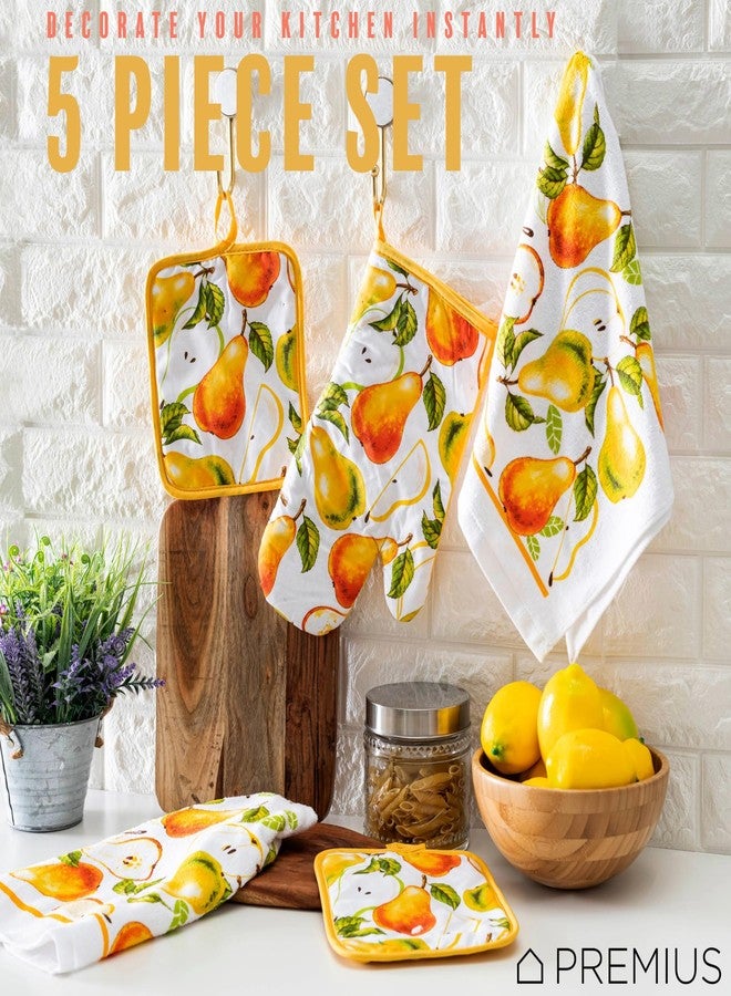 PREMIUS 5 Piece Pears Printed Kitchen Linen Set, 2 Cotton Towels, 2 Potholders, 1 Oven Mitt with Hanging Loop, 100% Cotton Material on Front & Polyester Backing, Perfect Kitchen Accessory, Gift - Image 3
