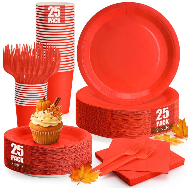 CENLBJ Red Paper Plates And Napkins Party Supplies  Include 9Disposable Red Plates  7Dessert Plate And Cups And Napkins Forks Set For Birthdays  Weddings  Graduations  Valentines  Serves 25 - Image 1