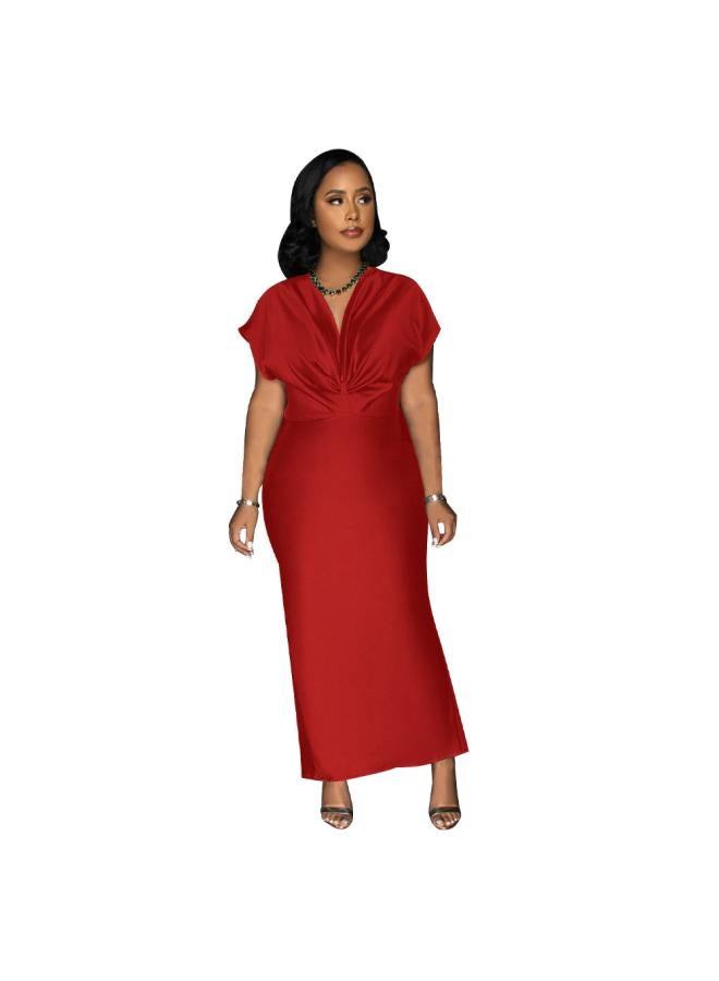 K 0697 European And American Fashion Women's Clothing New V-neck Short Sleeve Elegant Slim Back Slit Dress