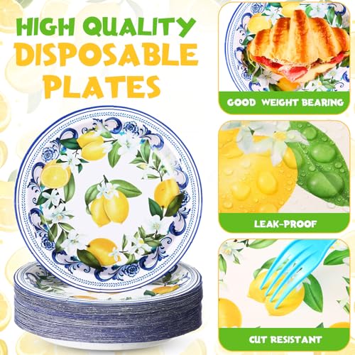 Potchen 100 Pack Capri Lemon Paper Plates Set 7 in Blue Tiles Yellow Disposable Plates Lemon Birthday Party Supplies Favor, Serve 100 Guest - Image 3