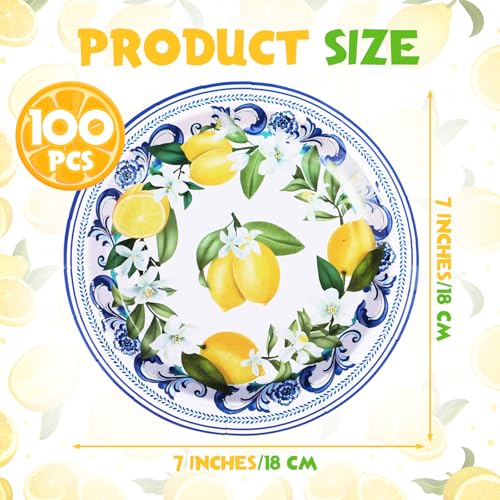 Potchen 100 Pack Capri Lemon Paper Plates Set 7 in Blue Tiles Yellow Disposable Plates Lemon Birthday Party Supplies Favor, Serve 100 Guest - Image 2
