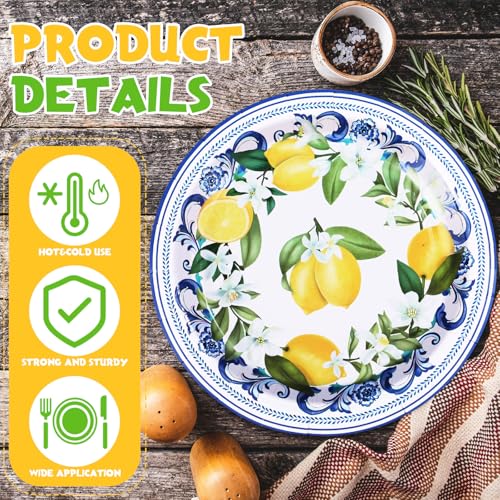 Potchen 100 Pack Capri Lemon Paper Plates Set 7 in Blue Tiles Yellow Disposable Plates Lemon Birthday Party Supplies Favor, Serve 100 Guest - Image 4