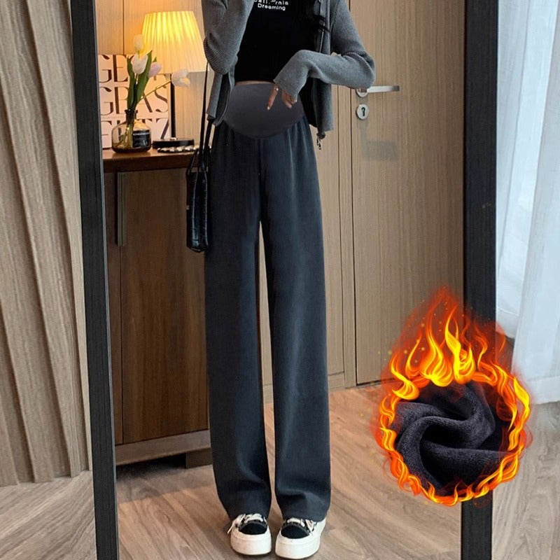 Pregnant womens pants spring and autumn outer wear early pregnancy casual wide-leg pants plus size spring loose straight leggings spring clothing Gray [fleece-lined Style]] 