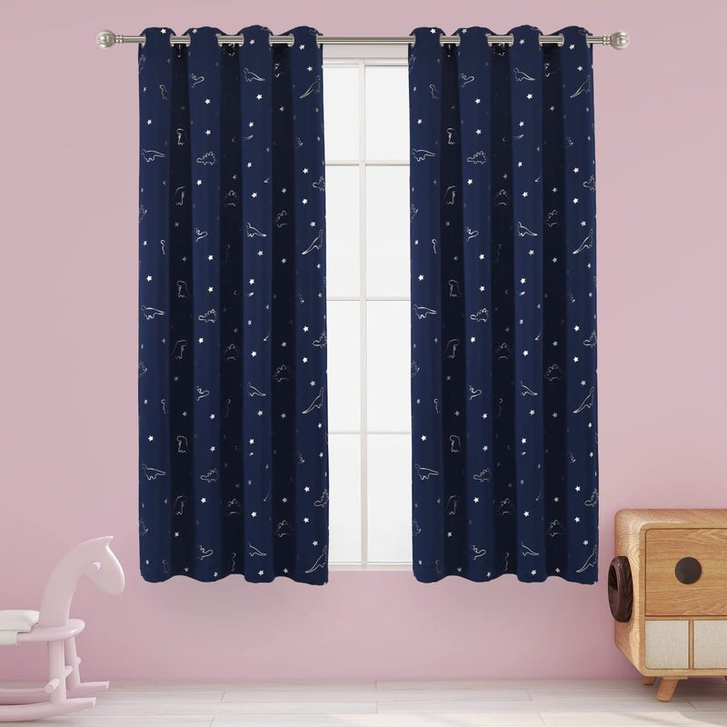 LORDTEX Dinosaur and Star Foil Print Blackout Curtains for Kids Room  Thermal Insulated Curtains Noise Reducing Window Drapes for Boys and Girls Bedroom 52 x 45 Inch Navy Set of 2 Panels