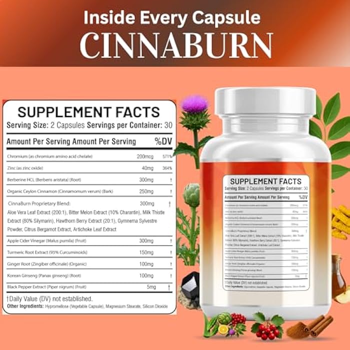 Ceylon Cinnamon Complex with Berberine Apple Cider Vinegar Plus Bitter Melon Gymnema Ginseng Chromium & Turmeric Milk Thistle – 60 Ct - Image 5