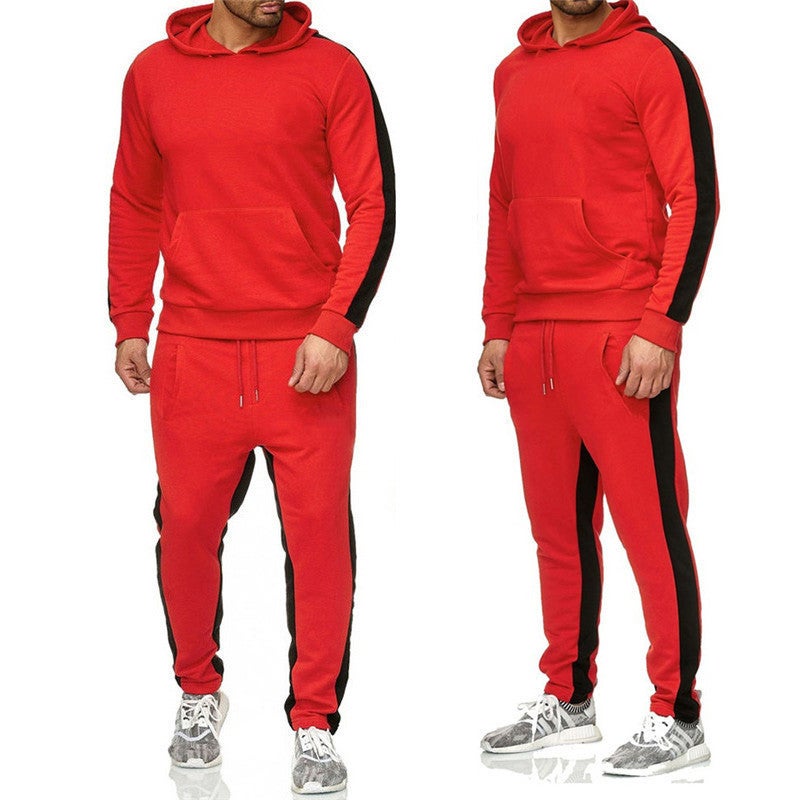 European and American fashion brand youth campus mens sweater hooded sportswear casual trendy pullover mens color matching suit Red 