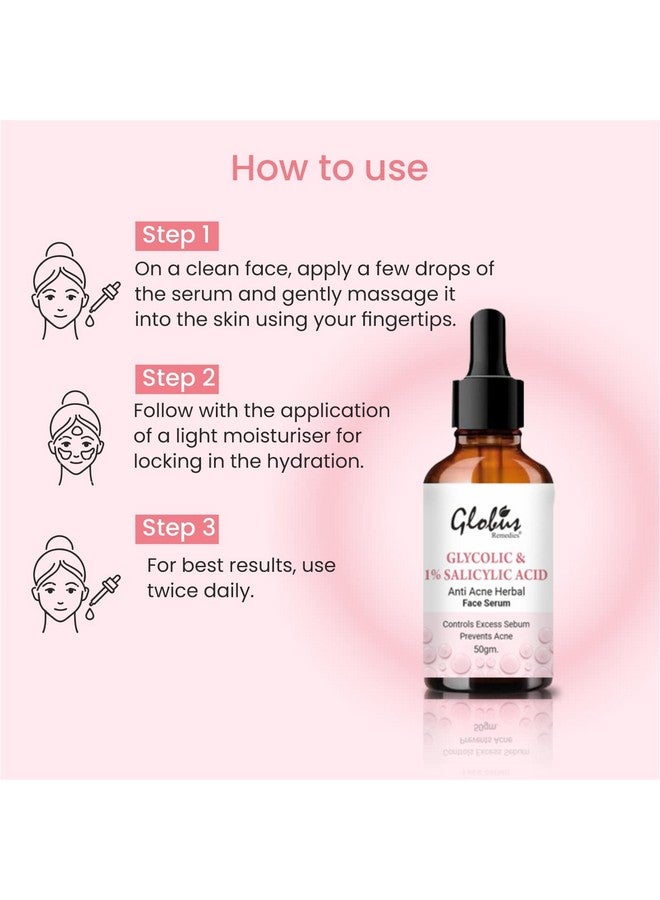 Globus Remedies Glycolic & 1% Salicylic Acid Anti Acne Face Serum For Oily & Acne Prone Skin 50Ml (Pack1) - Image 3